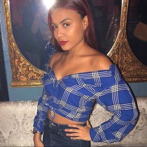 Off the shoulder plaid long sleeve shirt